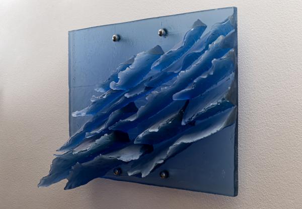 Zora Palova,LANDSCAPE ON DANUBE,2021,mould-melted,cut blue glass+metal hang.parts,50x75x20cm